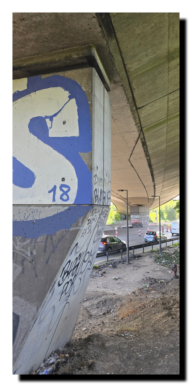 Pilier d'un pont d'autoroute avec un grand S bleu, au dessus le pont.