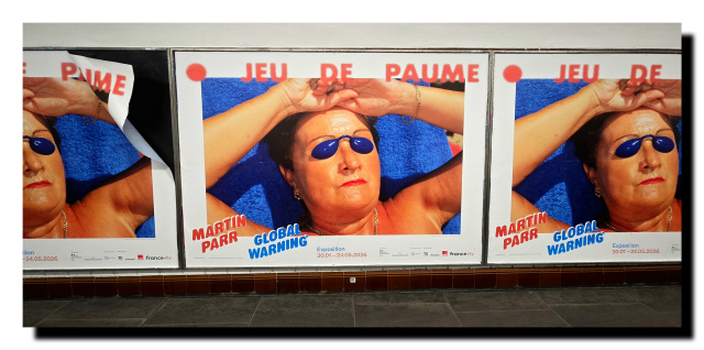 Affiche de l'exposition de Martin PARR. Une femme, sur une chaise longue,  avec les bras au dessus de la tête. Les mains posées juste au dessus du front, un truc bleu posé sur les yeux.