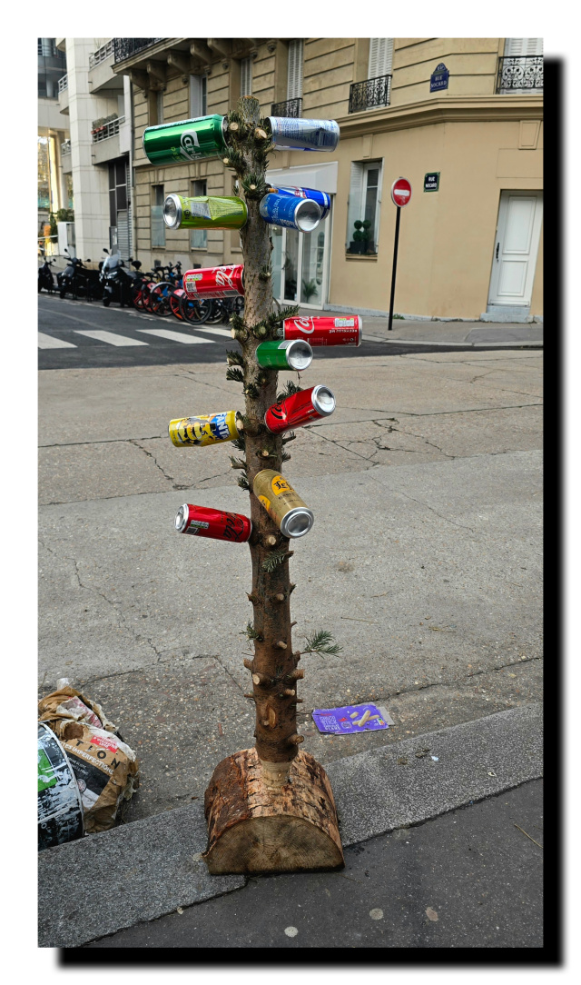 Dans la rue, un sapin de noël dont les branches ont été remplacées par des canettes en alumium de bières, et de sodas. C'est marrant, je trouve.